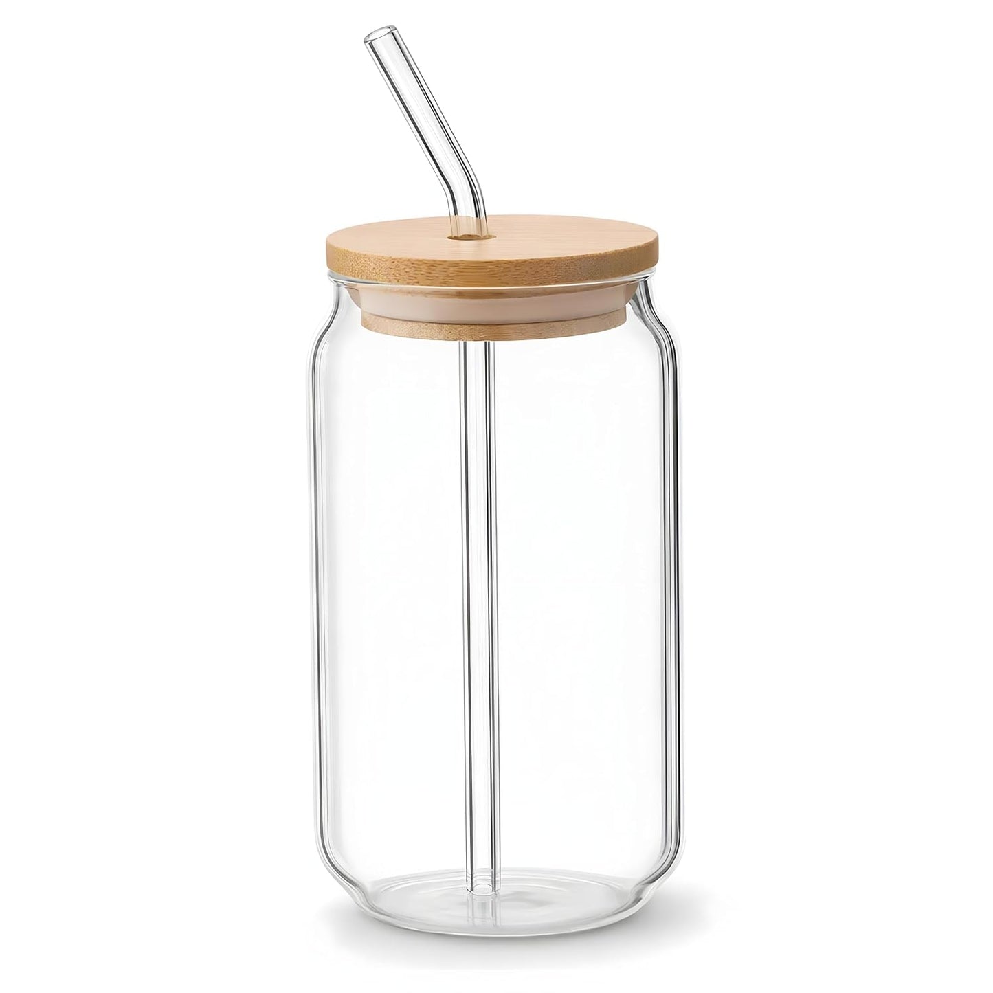 Glass Jar with Straw & Wooden Lid, 540ml Iced Coffee Glass Can, Aesthetic Sipper Cup for Juice, Smoothie, Milk, Leakproof, Heat Resistant Reusable Drinking Glass