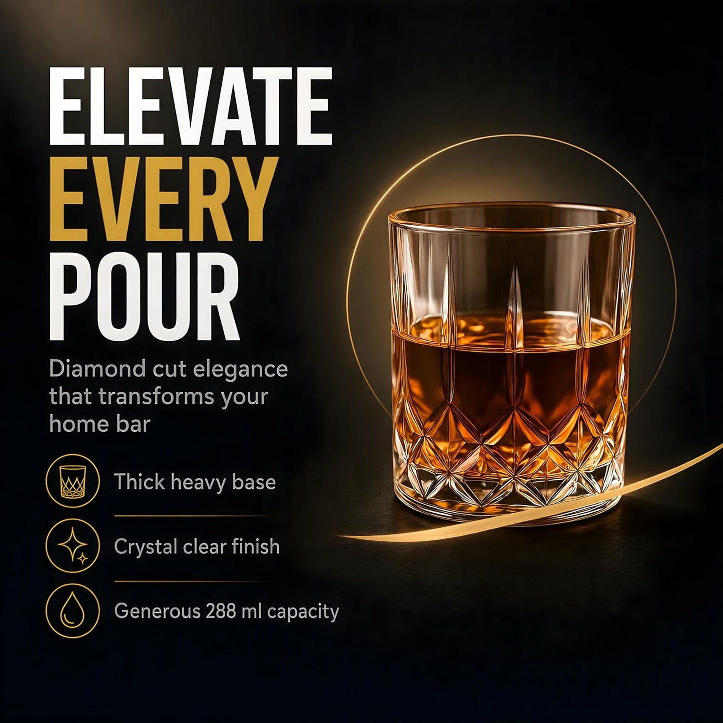 Whiskey Glasses Set of 6 (288 ML) Diamond Cut Crystal Clear Old Fashioned Glasses for Scotch, Bourbon, Whisky, Cocktails & Liquor | Heavy Base Durable Bar Glassware, Dishwasher Safe