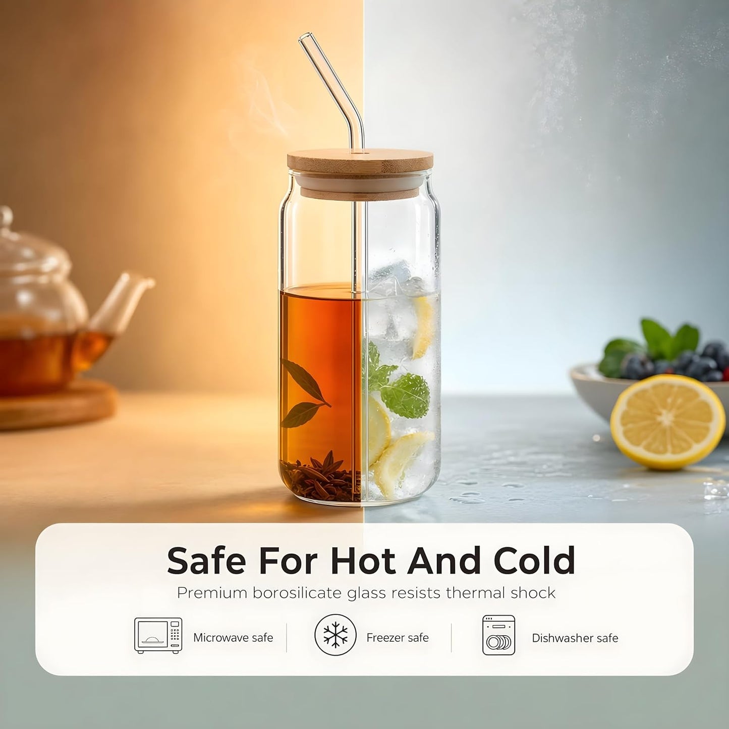Glass Jar with Straw & Wooden Lid, 540ml Iced Coffee Glass Can, Aesthetic Sipper Cup for Juice, Smoothie, Milk, Leakproof, Heat Resistant Reusable Drinking Glass