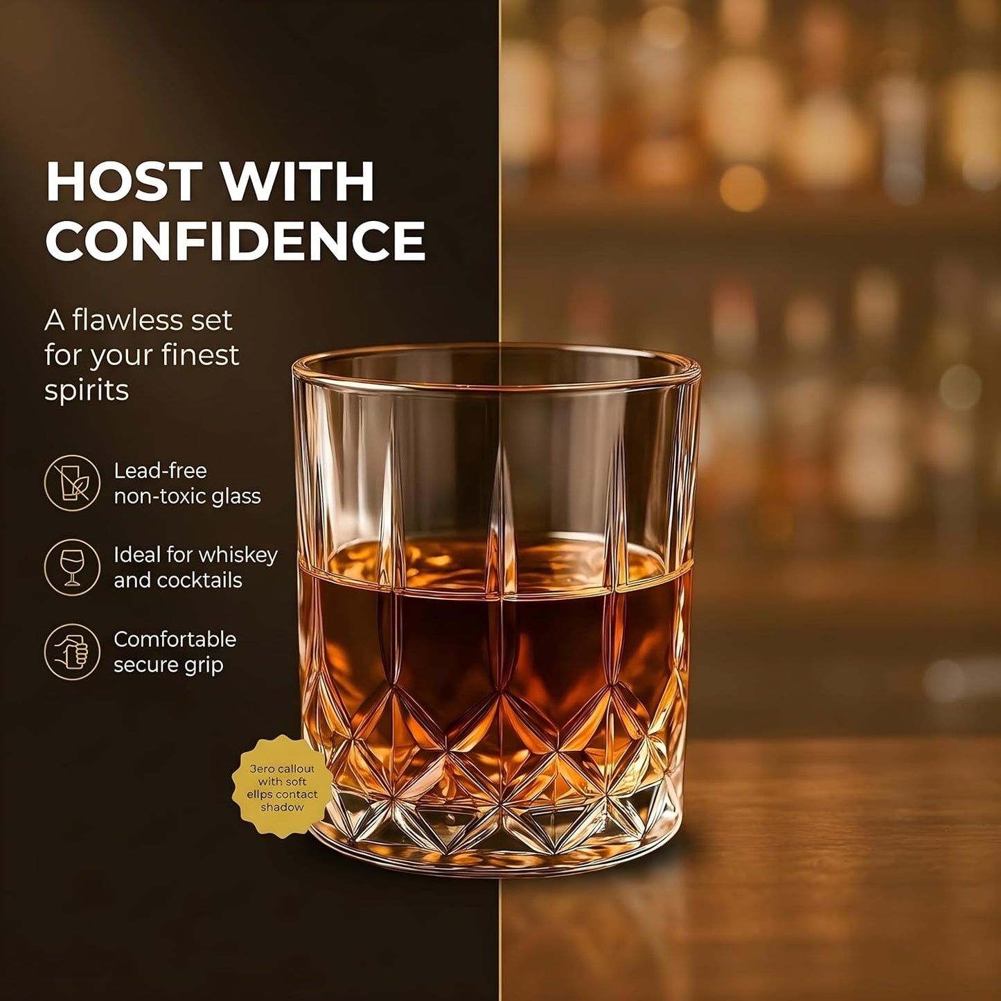 Whiskey Glasses Set of 6 (288 ML) Diamond Cut Crystal Clear Old Fashioned Glasses for Scotch, Bourbon, Whisky, Cocktails & Liquor | Heavy Base Durable Bar Glassware, Dishwasher Safe