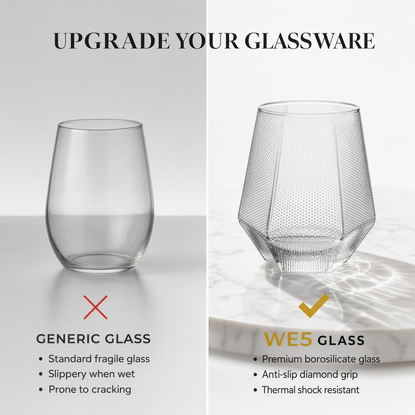 We5 Diamond Cut Borosilicate Glass Tumblers Set of 6 (330 ml Each) – Textured Drinking Glasses for Water, Juice, Whiskey & Cocktails | Heat Resistant, Durable, Clear Diamond Design Modern Glassware