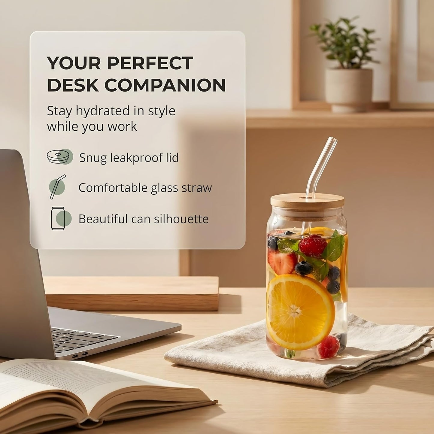 Glass Jar with Straw & Wooden Lid, 540ml Iced Coffee Glass Can, Aesthetic Sipper Cup for Juice, Smoothie, Milk, Leakproof, Heat Resistant Reusable Drinking Glass
