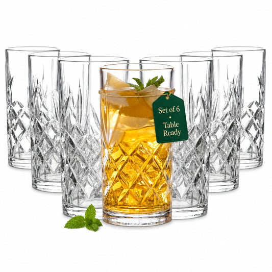 We5 Emerald | 280 ML Glass Tumbler Set of 6 | Checks & Leaf Design Drinking Glasses | Water, Juice & Beverage Glasses for Home, Kitchen & Dining